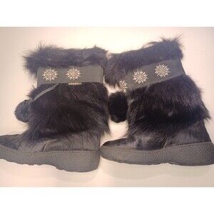 OSCAR Italian Black Fur After Ski Boots w/Pom Poms-Size 37 Eu 6.5 USA Womans